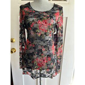 NWT Y2K Almost Famous Black Sheer Lace Floral Print Fitted Long Sleeve Top Large